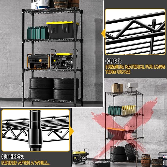M MZG 1000 lbs 4 Tier Shelf Metal Storage Shelves Shelving Wire Rack Heavy Duty Closet Organizers for Garage Kitchen Bathroom Laundry Black 15.7" D x 33.5" W x 59.5" H