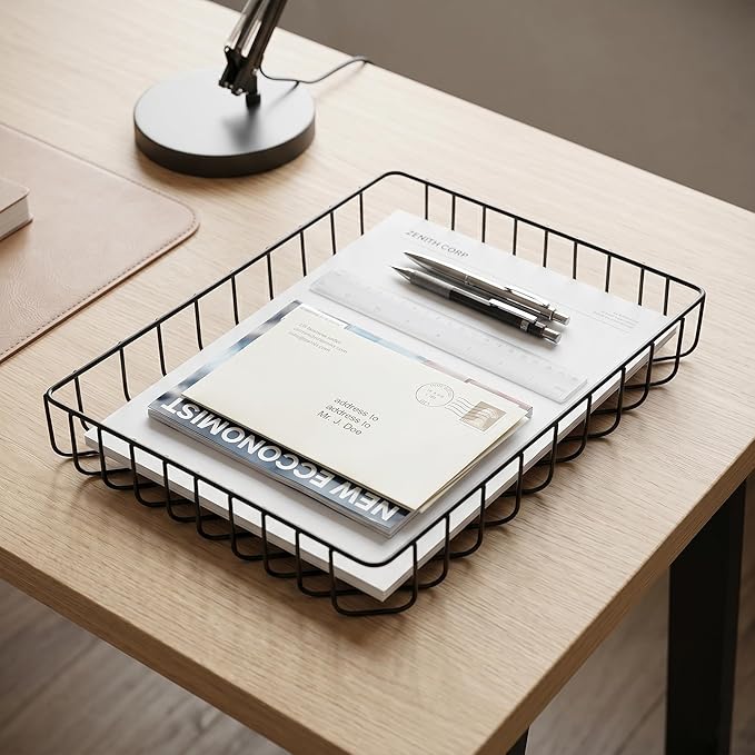 Elegant Gold Wire Desk Tray Organizer - Multipurpose A4 Letter Size File Tray, Premium Metal Mesh Document & Magazine Holder, Luxury Storage Basket for Office, Vanity, & Bathroom,Black