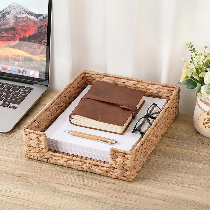 Set of 2 Letter Tray Water Hyacinth,Desk Organizer for Office Supplies | Desk Tray Organizer for A4 Paper, Magazine, Jewelry Cosmetics, Paper Holder Storage Basket for Office, School, and Workspace
