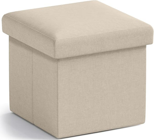 Ornavo Home Small Storage Ottoman Foldable Collapsible Cube Square Linen Ottoman Foot Rest Stool Seat, for Living Room, Bedroom, Home Office, Dorm - 12 x 12 x 12, Beige
