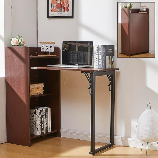 Foldable Desk,Hidden Desk with Storage and Built-in Socket,Mid Century Fold Out Table for Small Spaces,Home Office and Bedroom (Brown)