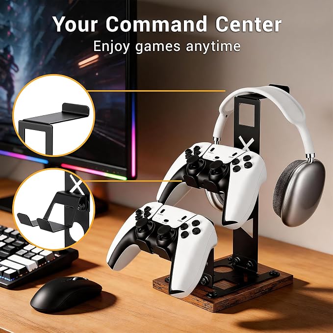 Headset Stand Gaming Controller Holder,Game Controller Stand Headphone Stand with Wood Base, Gaming Equipment Accessories for Desk Dual Organizer Rack Headset Holder for Son, Husband, Boyfriend