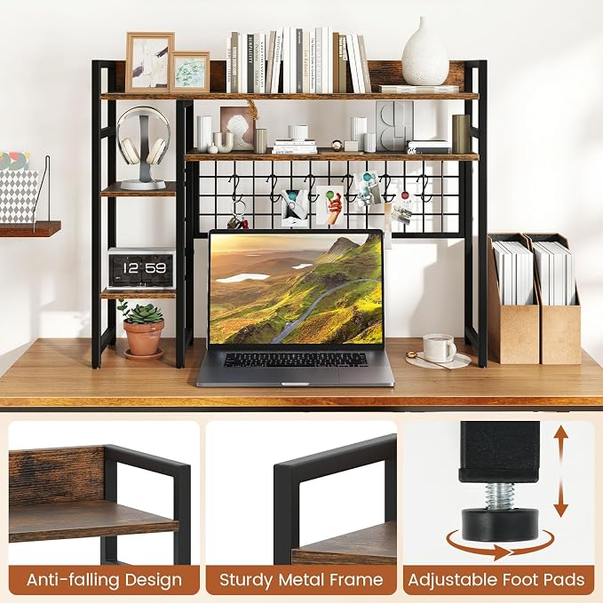 Giantex Desktop Bookshelf, 37" Desk Shelf for Up to 32" Computer Monitor, 4 Tier Desktop Display Shelves w/Grid Panel, 6 Movable Hooks, Anti-tip Device, Desk Hutch for Home Office Dorm (Rustic Brown)
