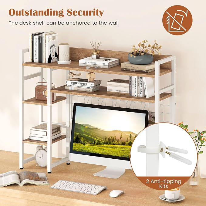 Giantex Desktop Bookshelf, 37" Desk Shelf for Up to 32" Computer Monitor, 4 Tier Desktop Display Shelves w/Grid Panel, 6 Movable Hooks, Anti-tip Device, Desk Hutch for Home Office Dorm (Natural)