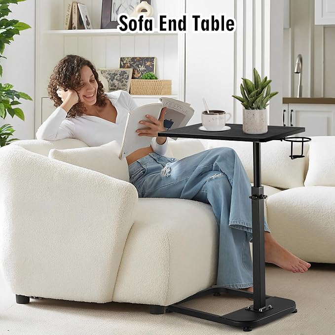 facka Multi-Functional C-Shaped End Table for Couch & Bed, Adjustable Height TV Tray, Stable Laptop Desk, Space-Saving Snack Side Table with Rounded Metal Corners