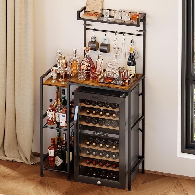 Mini Fridge Stand with Storage Shelves, Kitchen Bakers Rack, Coffee Bar, Microwave Oven Stand, Wine Cabinet, Refrigerator Stand with 5 Lockable S Hooks for Dorm, Apartment, Living Room, Office