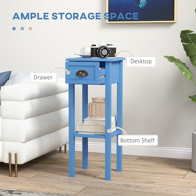 HOMCOM Narrow End Table with Drawer and Bottom Shelf, Slim Side Table for Small Spaces, Skinny Modern Accent Desk for Living Room, Set of 1, Light Blue