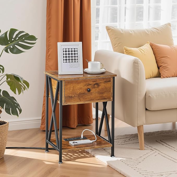 VECELO End Table with Charging Station, Night Stand with Drawers, 2-Tier Bedside Tables with USB Ports & Outlets, Side Table with Storage Shelf for Living Room/Bedroom, Rustic Brown