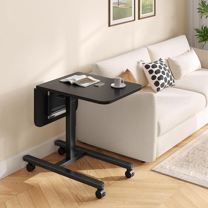 Homkdom C Shaped Table with Wheels, Side End Table with Extended Desktop, Adjustable Rolling Desk for Small Space, Dorm, Height Adjustment (29.5"-44"), Black