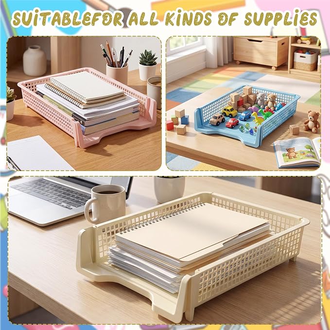 Tenceur 6 Pcs Turn in Trays Classroom, Stackable Tray for Classroom Plastic Storage Baskets Teacher Organizers for Library Drawers Office Desk (Trendy,Soft Color,13.3 x 9.5 x 2.7 Inches)