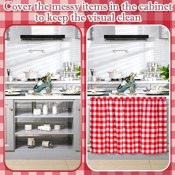 Cabinet Curtains 51 x 28 Inch Red and White Sink Skirt for Bathroom Kitchen Home Diamond Stitch Self Stick Adhesive Waterproof Fabric Farmhouse Rustic Drape Under Desk Privacy Drape Laundry Room