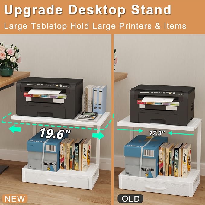YAOHUOO 2-Tier Desktop Printer Stand with Fabric Drawer, Prtiner Table with Storage Shelf, Desk Organizer for Home Office,3D Printer,Fax Machine,Scanner, 19.6"x14.9" White