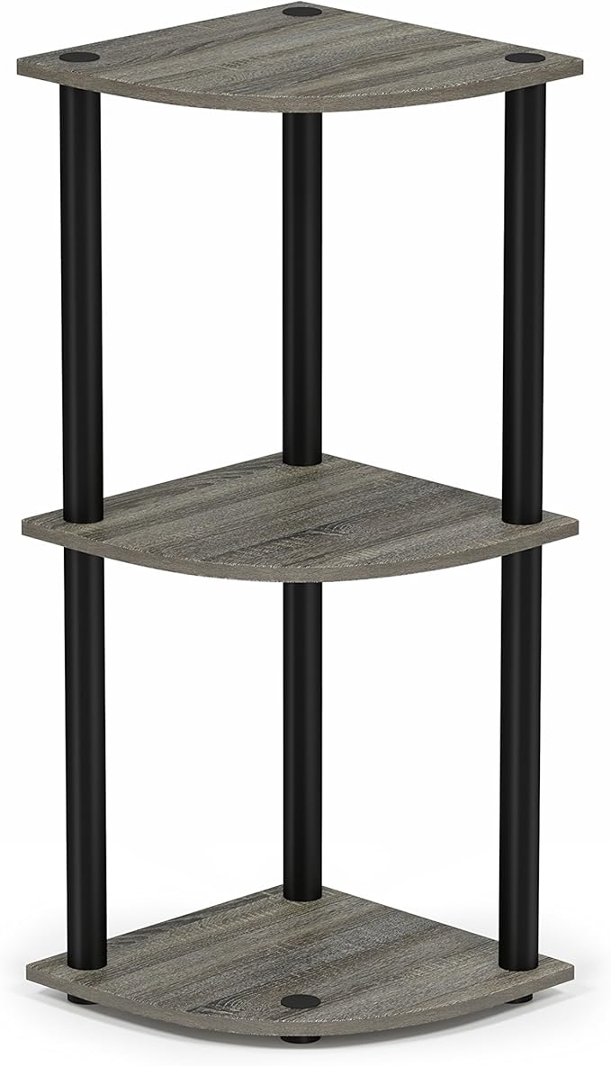 Furinno Turn-N-Tube Toolless Assembly 3-Tier Corner Shelf, Grey Corner Book Shelf, Open Shelves Bookshelf, for Organization and Storage, Living Room, Home Office, Bedroom, Grey Oak