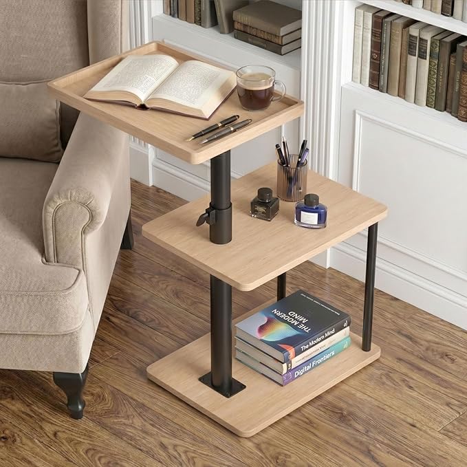 Faesun C Table End Table Adjustable Height, 360°Swivel TV Tray Table for Small Spaces, Small Nightstand for Living Room, Bedroom, Oak
