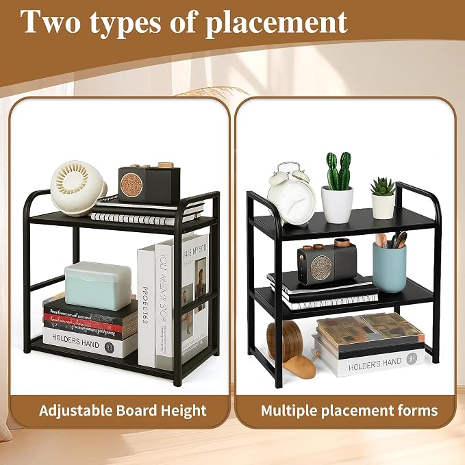 Desktop Shelf Organizer 2-Tier Office Desk Shelf for Top of Desk Wood & Metal Bookshelf Supplies Storage Rack (Black)