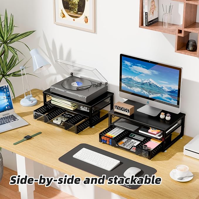 Simple Trending Monitor Stand Riser with Drawer, Black for Home Office | Metal 2-Tier Monitor Stand with Hidden Drawer | Ergonomic Neck Support | Desk Organizer | Space Saving | Fast Setup