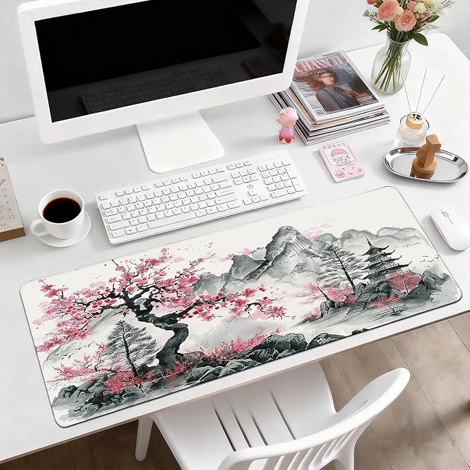 Gaming Desk Mat with Silky Smooth Surface & Exquisite Patterns,31.5x11.8 Inches Large-Sized Mouse Pad, Perfect for Extended Gaming,Work,and Home Office Decor (Japanese Ink Painting)