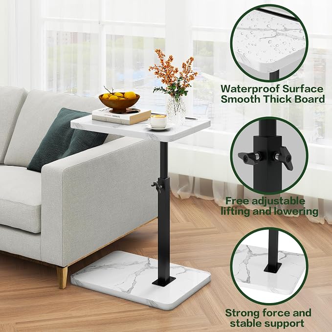 IBUYKE C Shaped Side Table, 360° Swivel Height Adjustable End Table for Small Spaces, with Phone & Tablet Slot, Modern Small Coffee Snack Table for Sofa/Bed, White with Black UTVT003BW