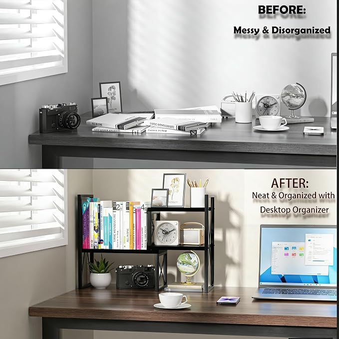 Expandable Desktop Shelf Organizer, 2 Tier Wood Desk Shelf for Office, Metal Corner Bookshelf, Countertop Storage Rack (Black)