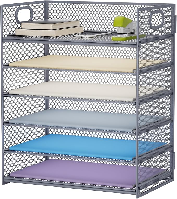 Marbrasse 6 Tier Paper Organizer Letter Tray - Mesh Desk File Organizer with Handle, Paper Sorter for Letter/A4 Office File Folder Holder - Grey