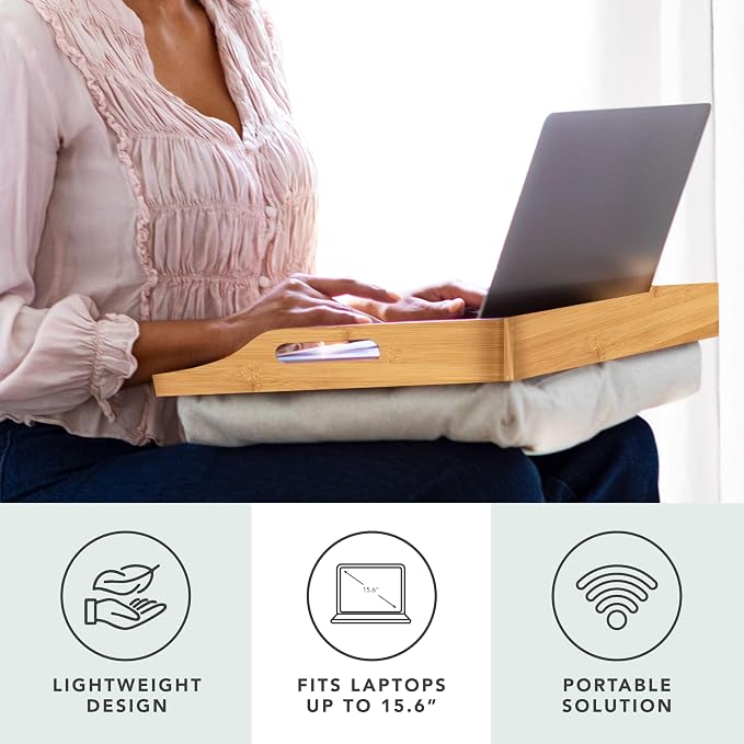 ROSSIE HOME Bamboo Wood Bed Tray, Lap Desk with Detachable Cushion, Serving Tray - Natural - Fits up to 15.6 Inch Laptops - Style No. 76107