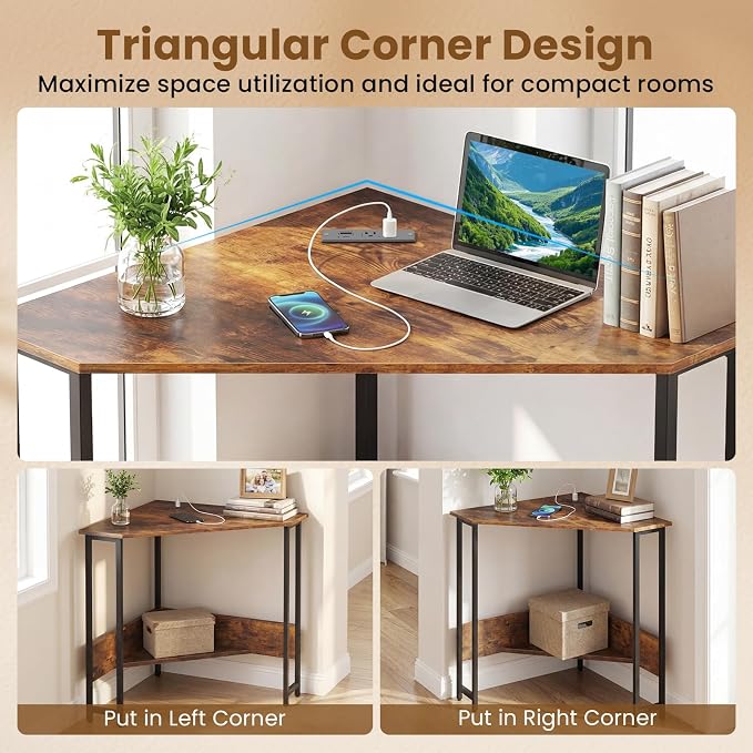 Giantex Corner Desk with Charging Station, 90° Triangle Computer Desk with Storage Shelf, Industrial Compact Writing Desk with Metal Frame for Home Office, Small Spaces & Bedroom, Rustic Brown