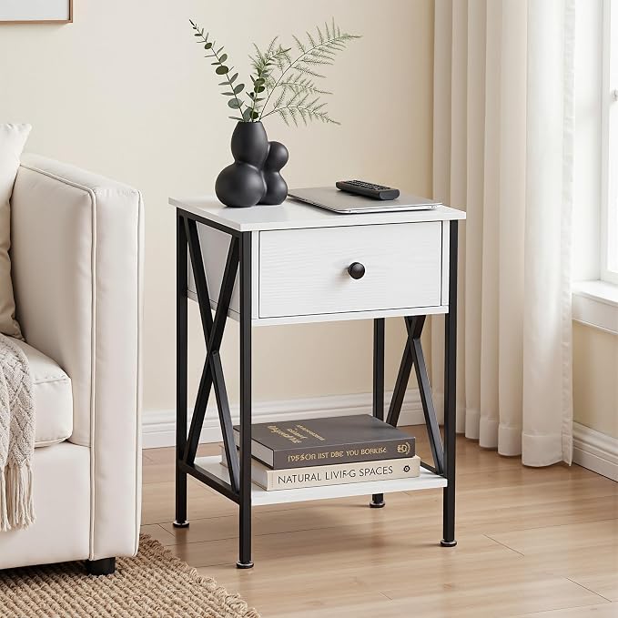 VECELO Night Stand with Drawer, 2 Tiers Storage Shelves End Table, Small Side Table for Small Spaces,Night Stand for Living Room, Bedroom, White