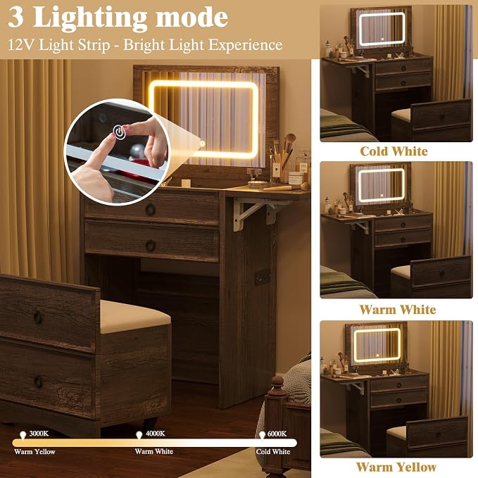 LUXOAK 3-in-1 Small Vanity Desk with Mirror and Lights, Compact Hidden Vanity Set with Stool & Charging Station, Makeup Table for Girls Bedroom and Dressing Room, Rustic Grey