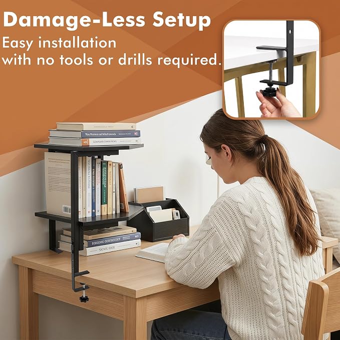 2-Tier Corner Clamp On Desk Shelf for Home Office Gaming Room | Adjustable Corner Clamp On Desk Shelf 2-Tier, Above Table Storage Shelves for Small Space Home Office & Gaming Room