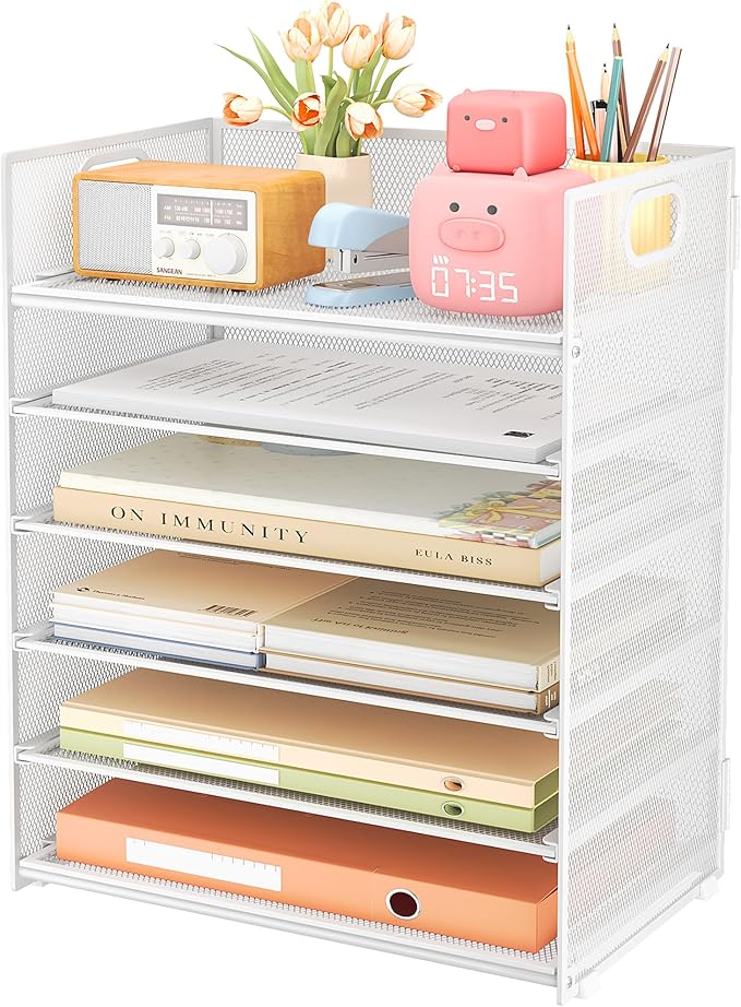 Subekyu 6 Tier Paper Organizer for Desk with Handle, Metal Mesh Desk Office File Folder Paper Letter Tray Accessories Organizer Sorter for Home, School, Office Desktop Document Organization - White
