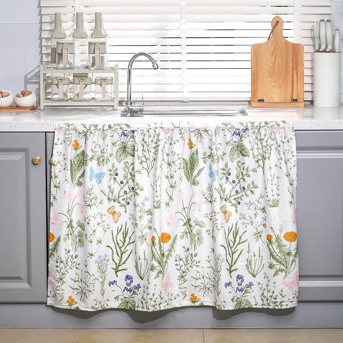 VitalCozy Cabinet Curtains 27.6" W x 35.4" L Sink Skirt for Bathroom Kitchen Spring Botanical Floral Cabinet Curtains for Classroom Home Farmhouse Rustic Drape Under Desk Privacy Drape for Laundry