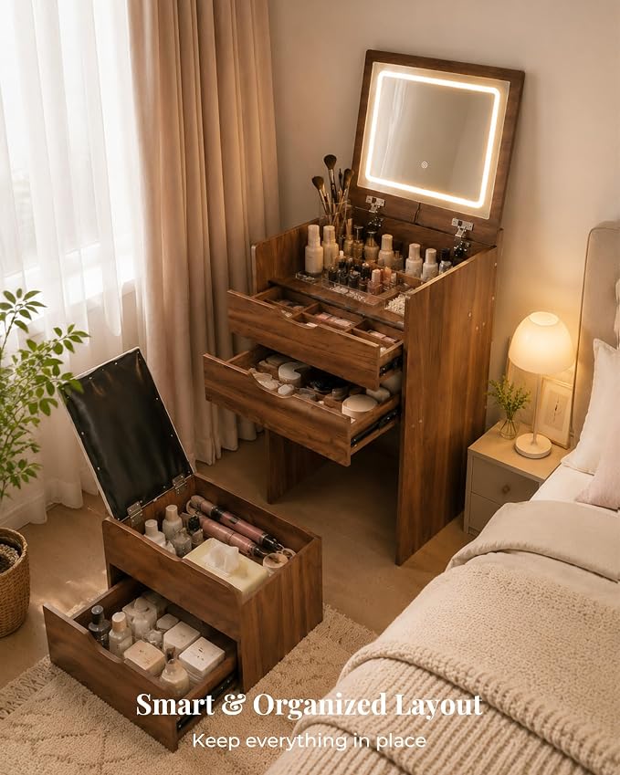 Small Vanity with Mirror and Lights for Small Space, 3-in-1 Compact Makeup Vanity Desk with Storage, Flip Top Vanity Table with Hidden Stool, 3 Color Mode, Drawers & Jewelry Organizer, Mini Vanity Set