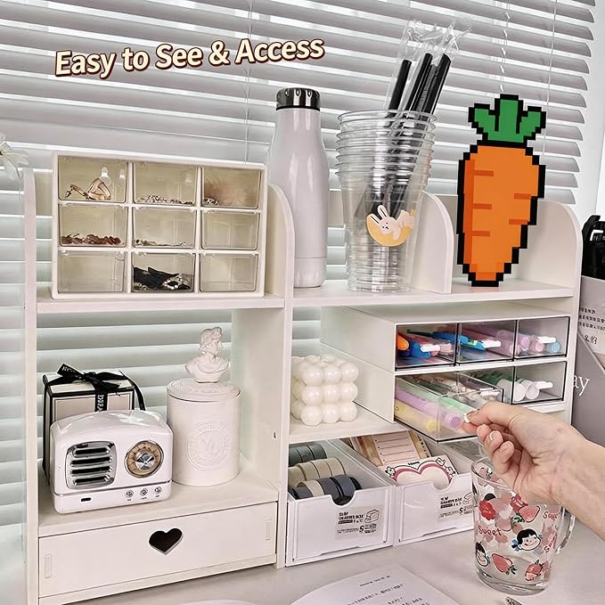 White Heart Drawer Bookshelf, Desktop Organizer with Shelves and Heart-Shaped Drawer for Desk, Office, Dorm
