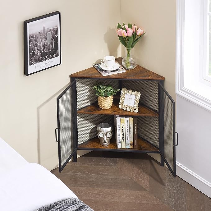 VECELO 3-Tier Corner Table,Cabinet with Mesh Door,Corner Shelf Stand,Metal Frame Storage Shelf Organizer Display Shelves for Bedroom,Wall Corner,Living Room,Kitchen,Bathroom