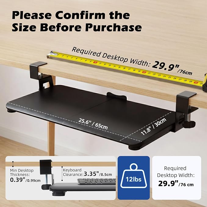 Keyboard Tray Under Desk Clamp, 26.77" Large Slide-Out Keyboard and Mouse Tray, Ergonomic Under Desk Keyboard Tray with Smooth Wrapped Edge, Space Saving Desk Extender for Home Office, Black