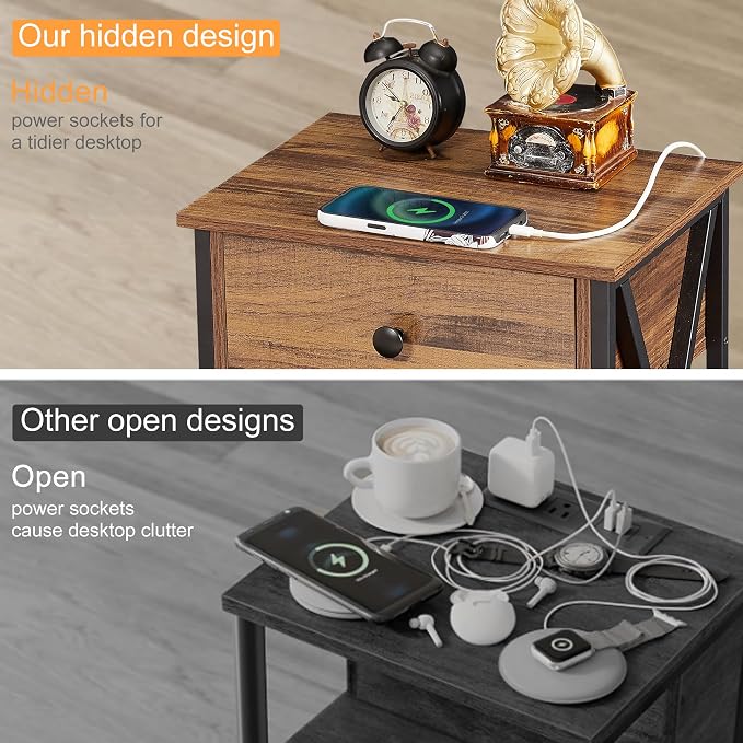 VECELO Nightstand, Bedside End Tables with Charging Station, USB Ports, Drawer Shelf, Night Stand for Bedroom Living Room 2-Pack, Brown