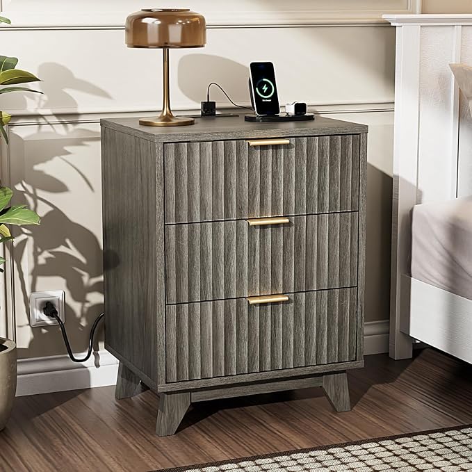 VINGLI Gray Nightstand with Charging Station, Fluted Nightstand 3 Drawers Grey Night Stand for Bedroom, Fluted Grey Bedside Table/End Table/Side Table, 17.72" W*13.78" D*23.62" H, 1 pc