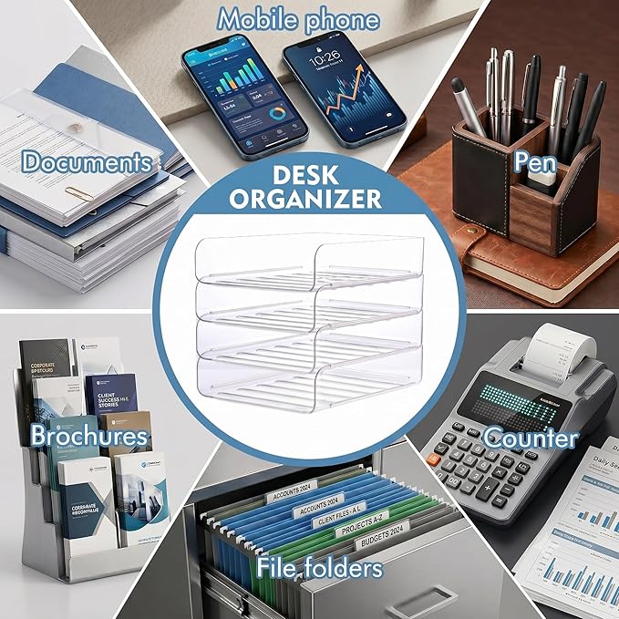LALOBLUE Stackable Letter Tray Desk Organizer, Set of 4 Clear PET Paper & File Organizers, Document Storage for Office Supplies