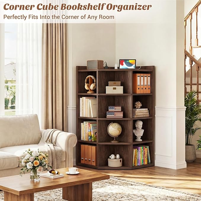 Aheaplus 5-Tier Corner Cube Bookshelf with Power Outlets, Wooden Corner Storage Cabinet with 12 Cubes, Corner Cube Organizer Shelf with Top Table, L Shaped Cubby Bookcase for Home Office, Black Walnut