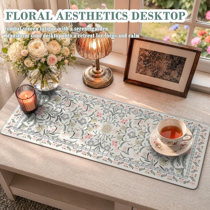 iCasso Aesthetic Floral Desk Mat, L Mouse Pads, Anti-Slip Mousepad with Stitched Edges, Waterproof Computer Pad 11.8"x31.5", Desk Accessories Office Decor for Women(Gray Floral)