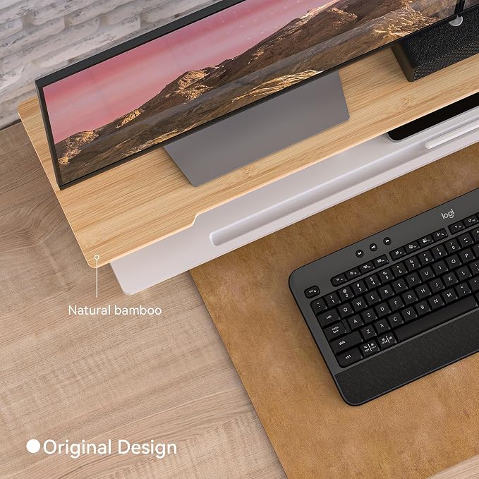 Monitor Stand Dual Monitor Stand Riser for Desk,Wood Desk Shelf Storage Organizer with Phone Tablet Holder (42.5 Inch, White & Natural Bamboo)