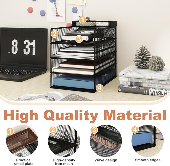 Natwind 4 Tier Stackable Paper Trays for Letter Documents, Desktop File Organizers for Office Supplies, Metal Mesh Desk Organizer，Office Organizer，Letter Trays for Home, Office, School，Black