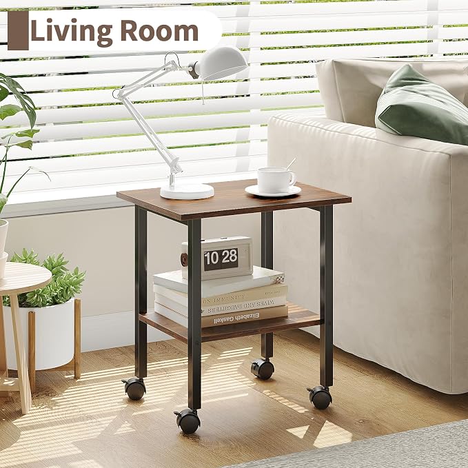 2 Tier Printer Stand with Storage, Under Desk Printer Table, Space-Saving Printer Table with Locking Wheels, Rolling Printer Cart for Home Office, Rustic Brown