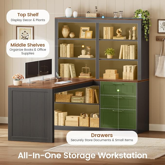SEDETA Farmhouse L Shaped Computer Desk, 59'' Wood Office Desk with 3 Drawers and 5-Tier Bookshelf, Corner Desk with Storage Shelves and Power Outlet for Home Office Small Space, Black + Brown
