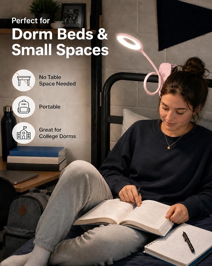 Clip On Reading Light for Bed Headboard, USB Rechargeable Cordless Clamp Lamp for Dorm Room Essentials, Touch Dim, 3 Colors, Eye Protect LED Desk Lamp for College Dorm Room, Gooseneck, Pink