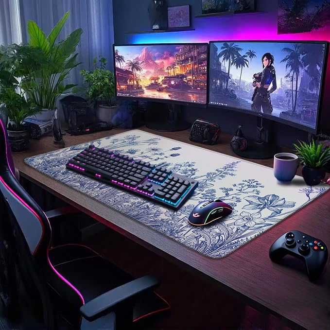 Narcissus Blue Floral Large Gaming Mouse Pad 31.5"x15.7"｜ Flower XXL Desk Mat, Non-Slip Rubber Base & Stitched Edges - Extended Waterproof Mousepad for PC/Laptop/Office/Home Decor