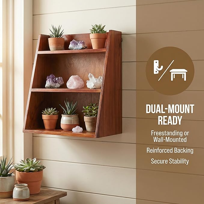 DECHOUS 3 Tier Vintage Display Shelf: Small Wooden Desktop Organizer Multi Layer Storage - Freestanding or Wall Hanging for Home Office Desk Crystals Stone Essential Oils Storage - 12x6.5x13 Inch