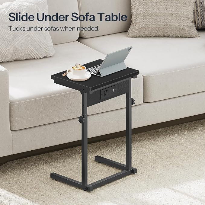 HOOBRO C-Shaped End Table with Charging Station, Adjustable Height Sofa Tray Side Table, Slide Under Couch Arm Table, Small C Side Table for Small Space in Living Room, Bedroom, Black BB71USF01