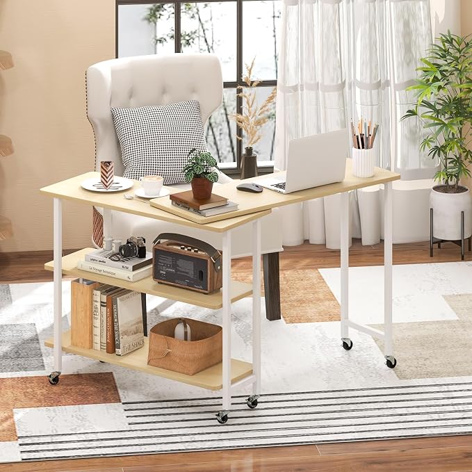 Tangkula 360° Rotating Sofa Side Table, Patented Mobile End Table with 2-Tier Storage Shelves, Swivel Rolling Desk with 6 Lockable Wheels, Metal Frame, Movable Laptop Table Couch Snack Table for Home