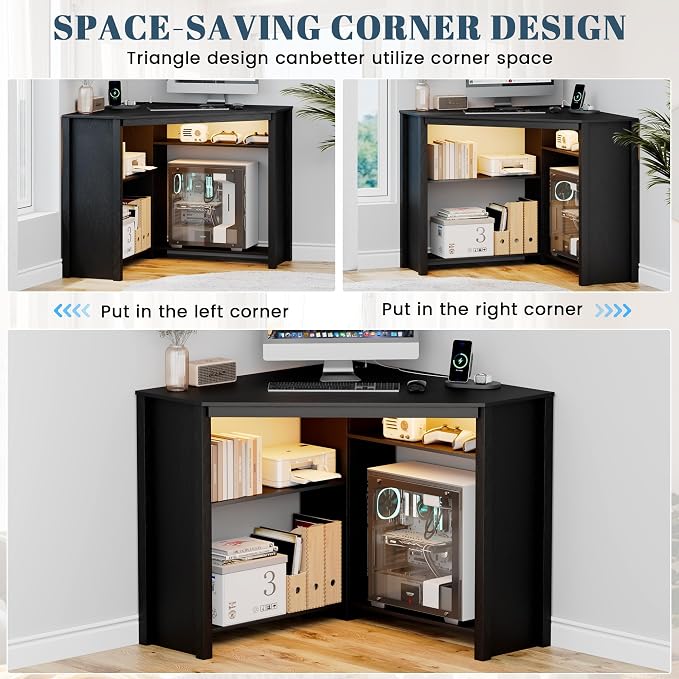 Corner Desk with Charging Station & LED Light, Triangle Corner Desk with CPU Stand & Storage Shelves, Gaming Computer Desk for Home Office -Black